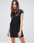 Qed London Faux Leather Mini Dress With Zip Detail - Black