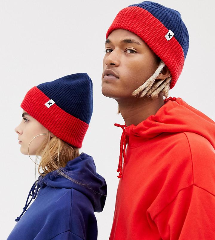 Collusion Unisex Color Block Rib Beanie In Navy - Multi