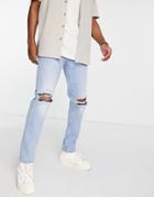 Asos Design Stretch Slim Jeans In Light Wash With Knee Rips And Thigh Rip-blue