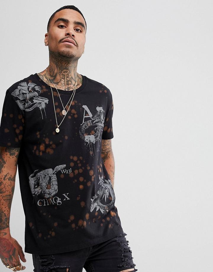 Asos Relaxed Longline T-shirt With Snake Print & Bleach Wash - Black