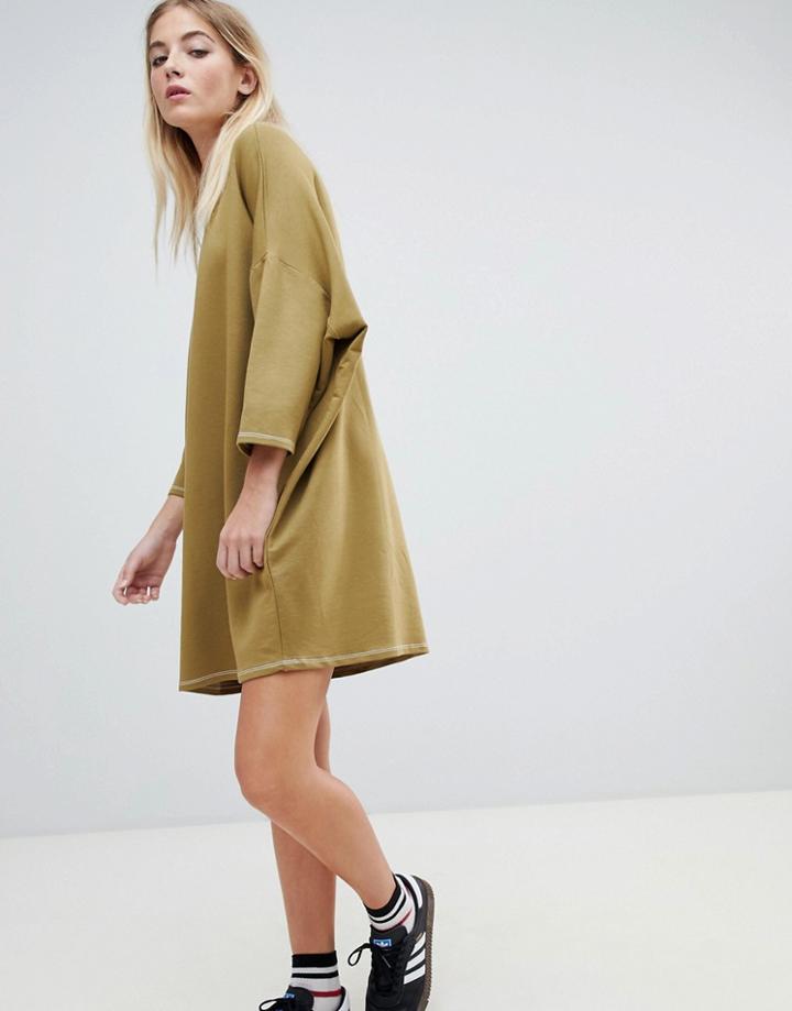Pull & Bear Contrast Stitch Oversized T Shirt Dress - Green