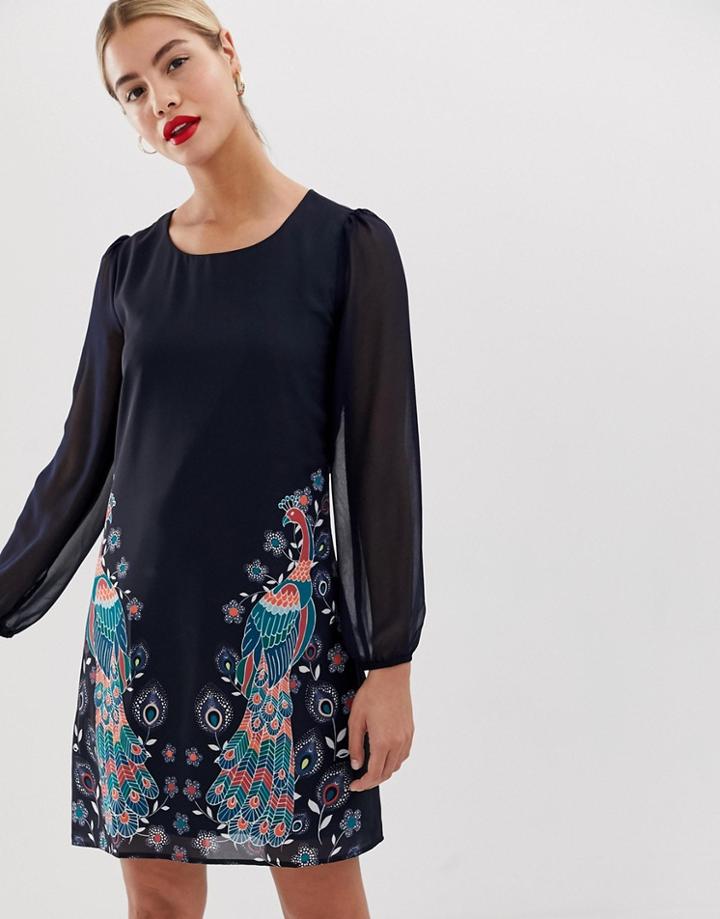 Yumi Shift Dress In Placement Peacock Print-multi