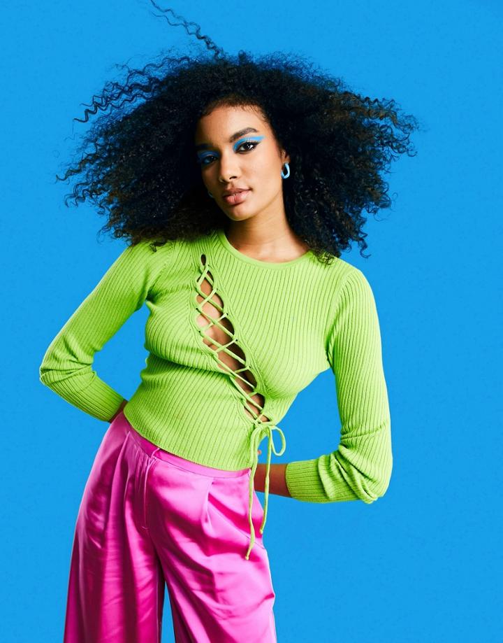 Asos Design Sweater With Asym Lace Up Detail-green