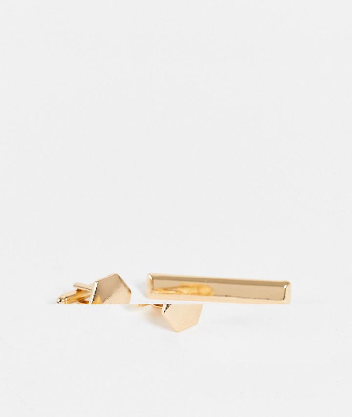 Asos Design Tie Bar And Cufflink Set In Shiny Gold Tone-silver