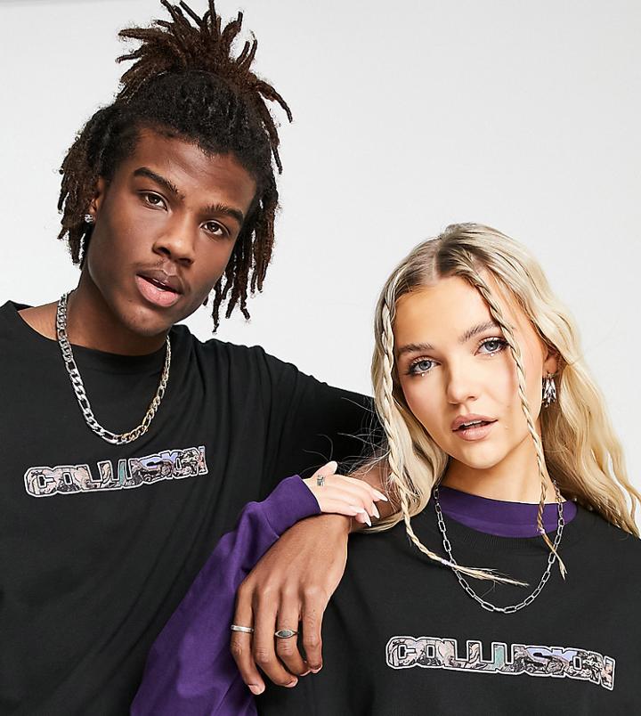 Collusion Unisex Printed Pique T-shirt In Black
