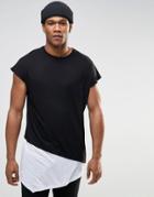 Asos Oversized Sleeveless T-shirt With Asymmetric Layered Hem In Black - Black