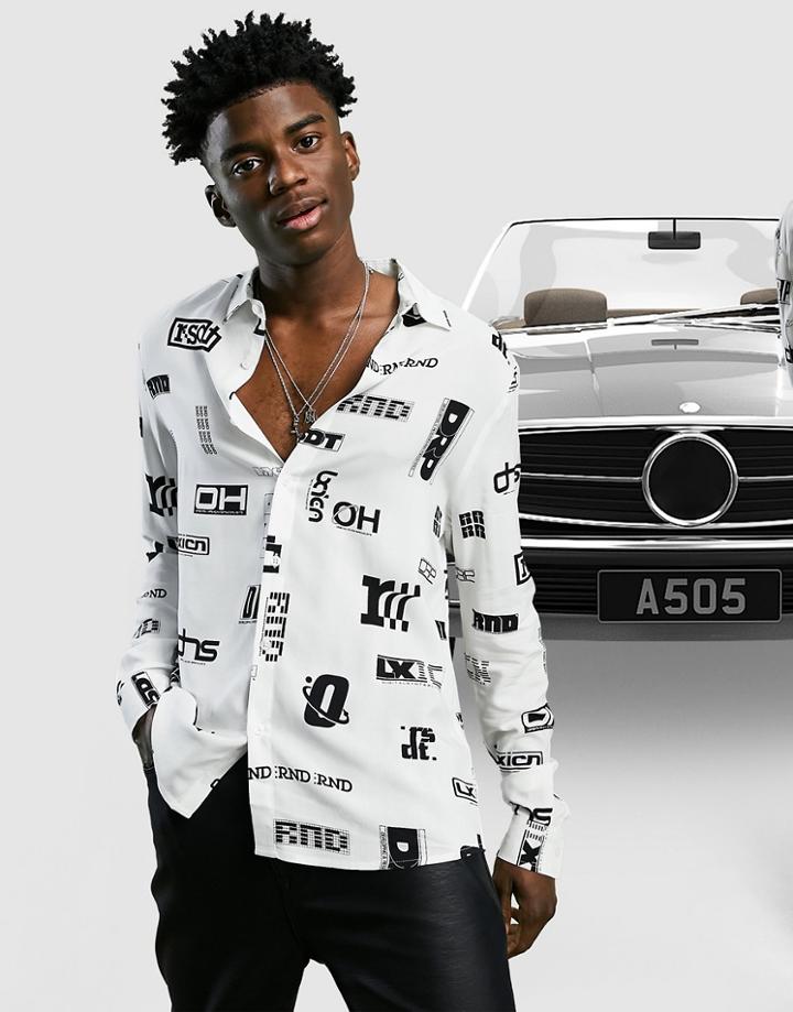 Asos Design Regular Shirt In Text All Over Monochrome Print-white