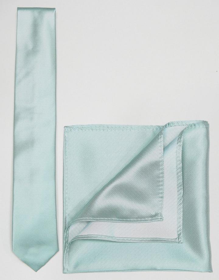 Asos Tie And Pocket Square Pack In Pale Blue - Green