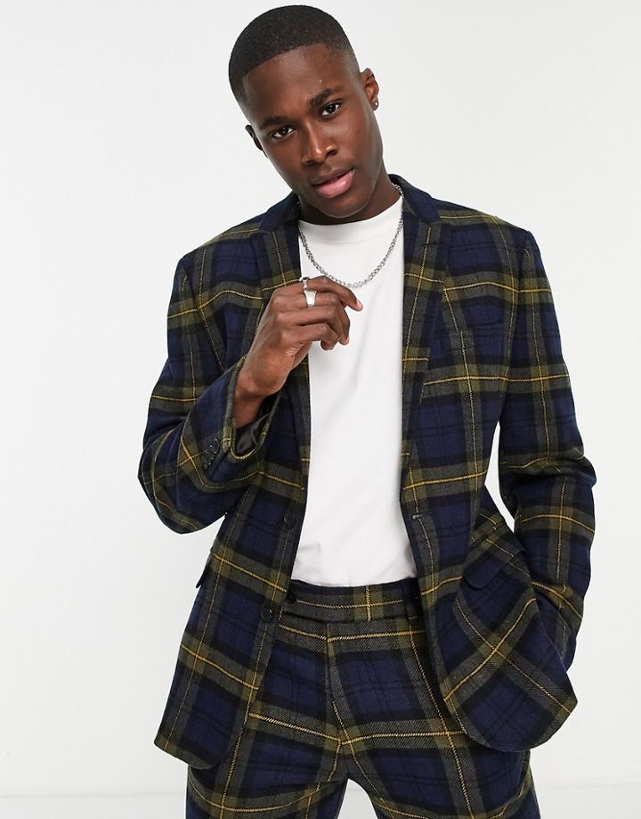 Asos Design Slim Suit Jacket In Blue And Yellow Check-blues