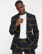 Asos Design Slim Suit Jacket In Blue And Yellow Check-blues