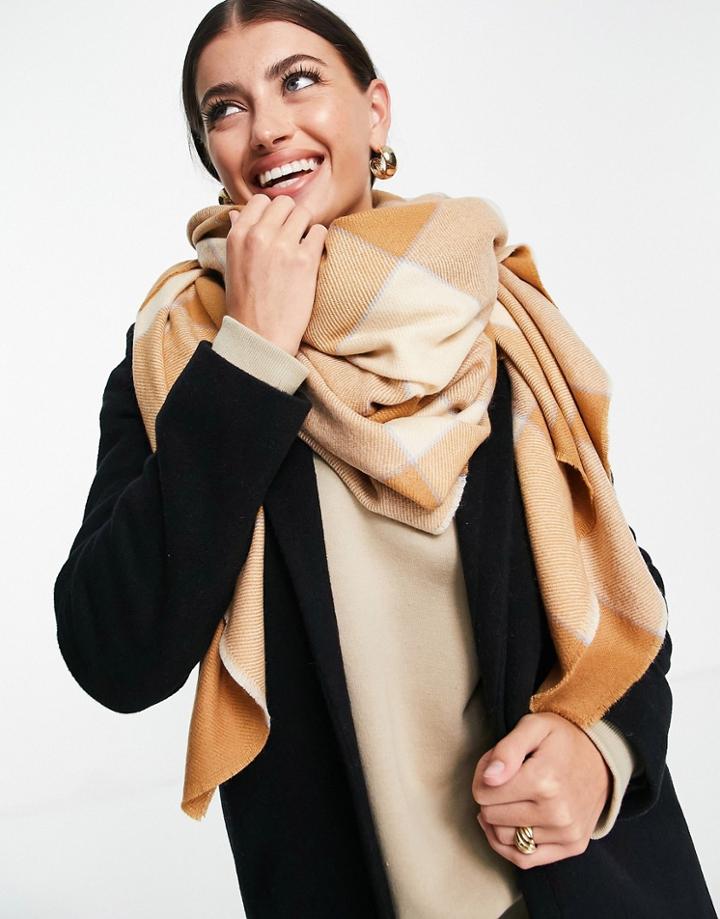 Asos Design Oversized Square Scarf In Blown Up Check Camel-multi