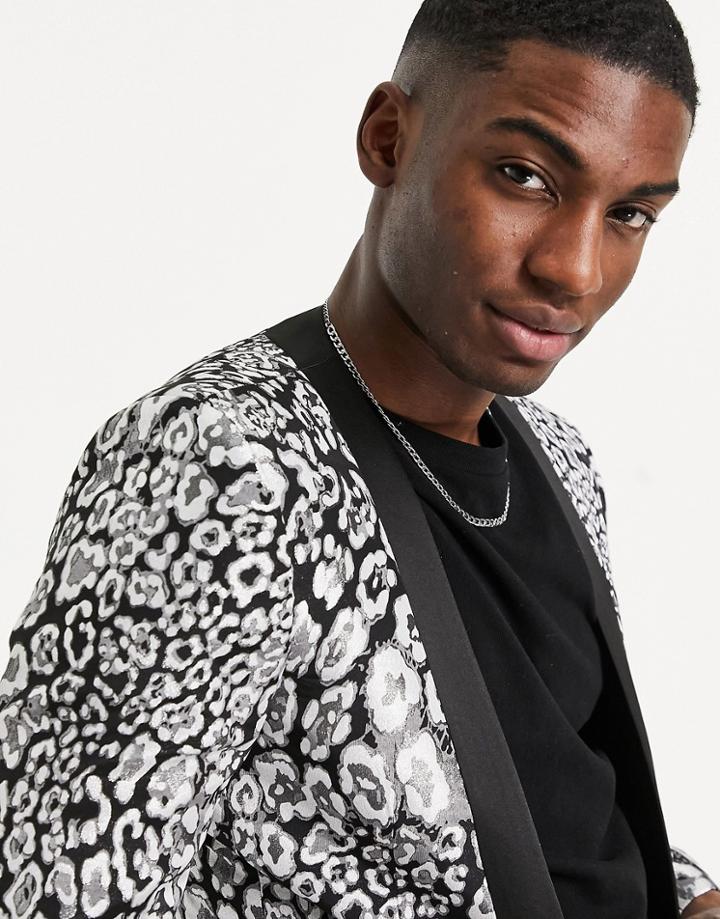 Asos Design Cropped Blazer With Kimono Lapel In Animal Jacquard-white
