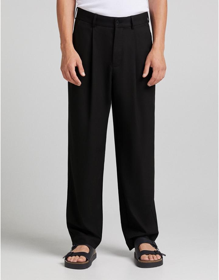 Bershka Wide Fit Pleated Smart Pants In Black