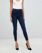 Asos Design Ridley High Waist Skinny Jeans In Dudley Dark Wash With Biker Circular Knee Detail - Blue