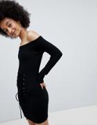 Lasula Knitted Rib Lace Up Sweater Dress - Black