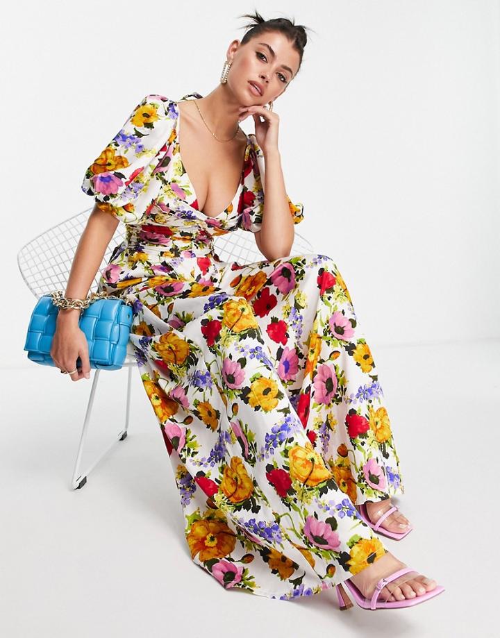 Asos Design Exaggerated Sleeve Satin Jumpsuit In Bright Floral-multi