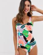 Monki Scoop Neck Hawaiin Print Swimsuit In Multi - Multi