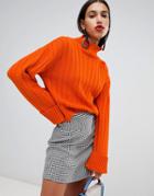 Boohoo Chunky Rib High Neck Sweater In Orange - Orange
