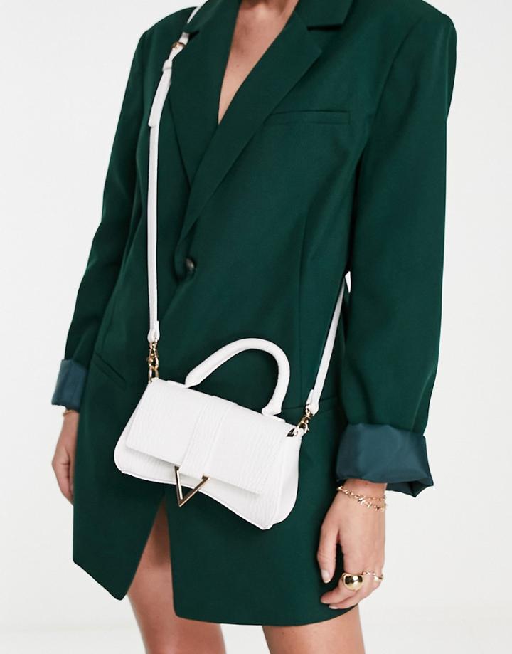 Asos Design Curved Crossbody Bag With Triangle Hardware In White Croc