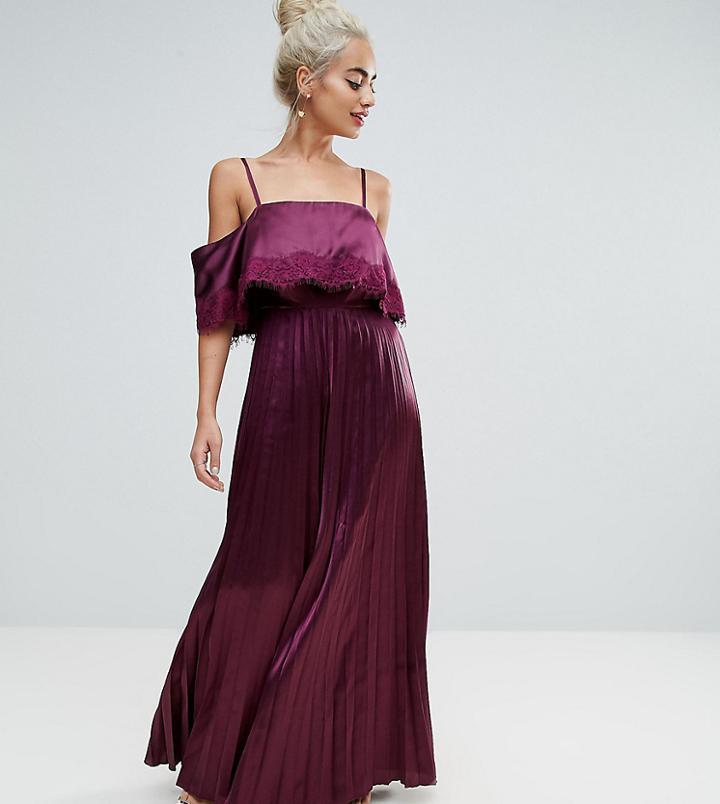 Asos Petite Satin Pleated Cami Lace Trim Crop Top Maxi Dress - Red