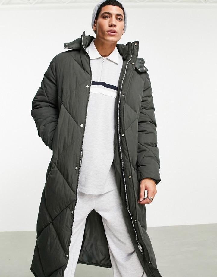 Asos Design Longline Quilted Puffer Coat In Gray-grey