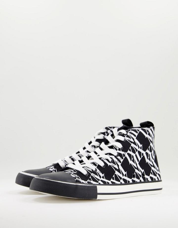 Asos Design High Top Lace Up Sneaker In Black With Monogram-multi