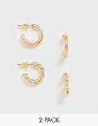 Asos Design Pack Of 2 Mini Hoop Earrings In Thick Twist And Sleek Design In Gold Tone - Gold