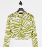 I Saw It First Plus Ruched Crop Top In Olive Green Animal Print-multi