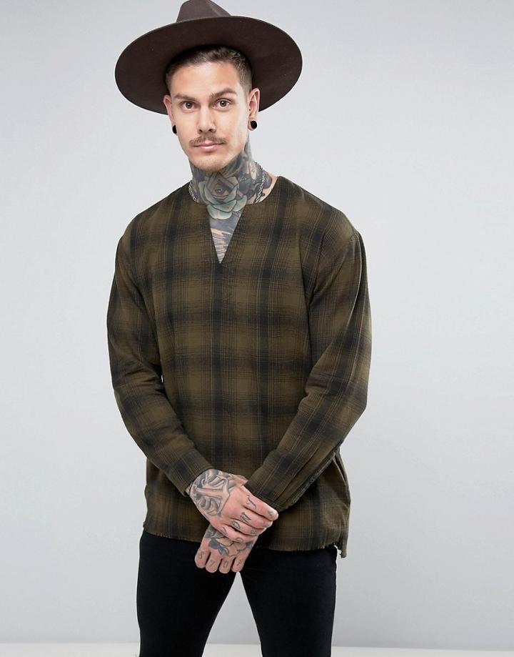 Asos Oversized Check V- Neck Shirt In Khaki - Green
