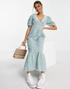 New Look Collar Detail Shirred Midi Dress In Green Pattern