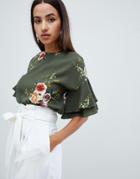 Ax Paris Floral Top With Frill Sleeve - Green