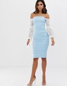 Vesper Contrast Sleeve Off Shoulder Midi Dress - Blue