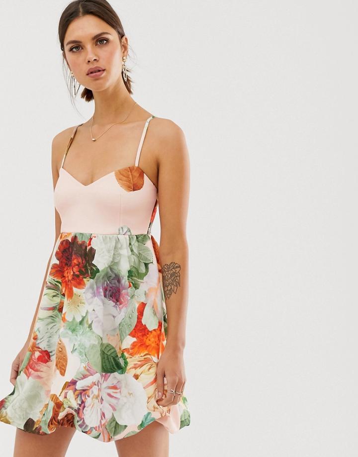 Asos Design Floral Cami Bubble Hem Prom Dress-pink
