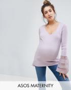 Asos Maternity Sweater With V Neck And Lace Bell Sleeve - Purple
