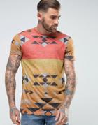 Asos Longline T-shirt In Linen Look With All Over Geo-tribal Print - Orange