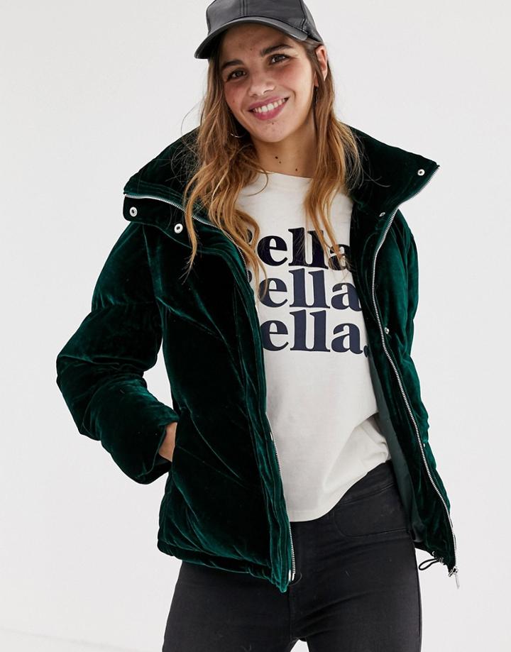 Qed London Velvet Chevron Padded Jacket - Green
