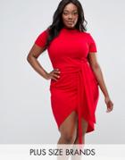 Club L Plus Office Belted Dress With Curved Hem - Red