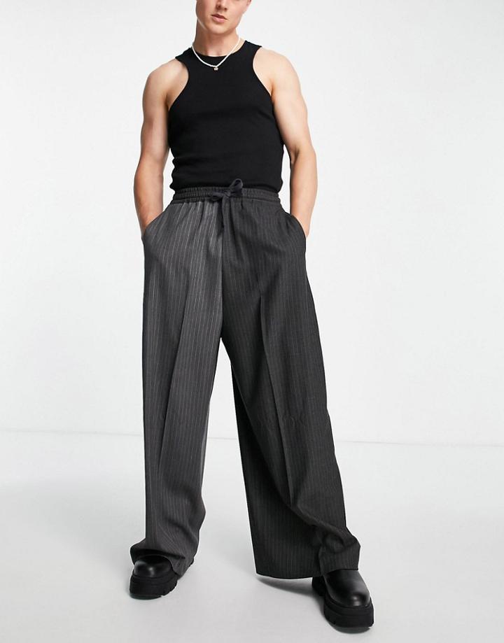Asos Design Extreme Wide Leg Smart Pant In Gray Stripe Splice-grey