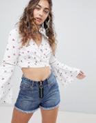 Kiss The Sky Tie Around Crop Top In Cherry Print - Cream