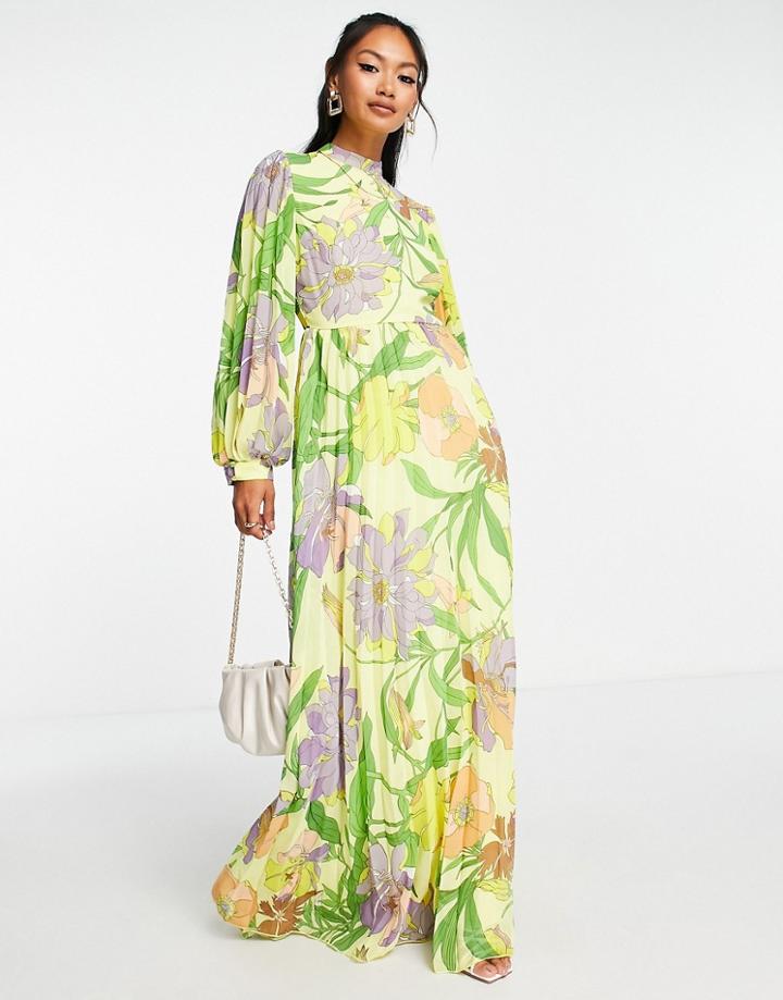 Asos Design High Neck Pleated Long Sleeve Skater Midi Dress In Floral Print-multi