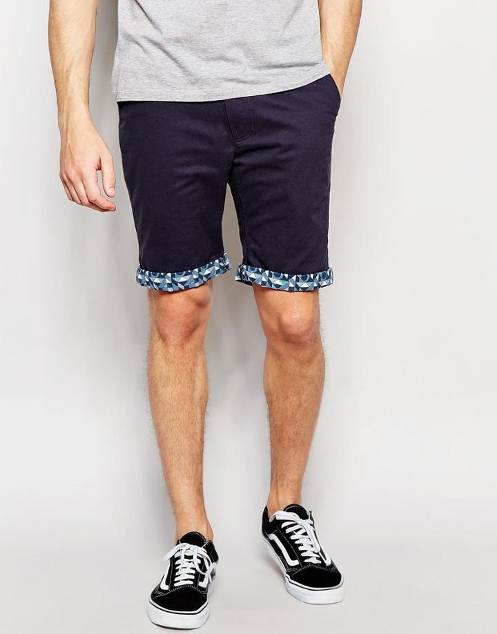 Bellfield Chino Shorts With Contrast Geo Print Turn Up - Navy
