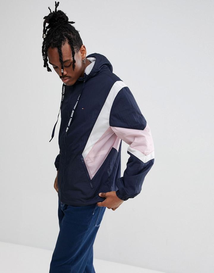 Tommy Jeans Drop Shoulder Full Zip Hooded Shell Jacket Geometric Blocking In Navy - Black