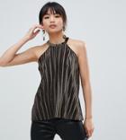 River Island Petite Velvet Plisse Halter Neck Top In Khaki - Green