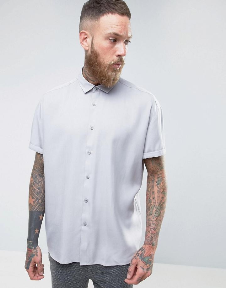 Asos Oversized Peached Tencel Shirt In Gray - Blue
