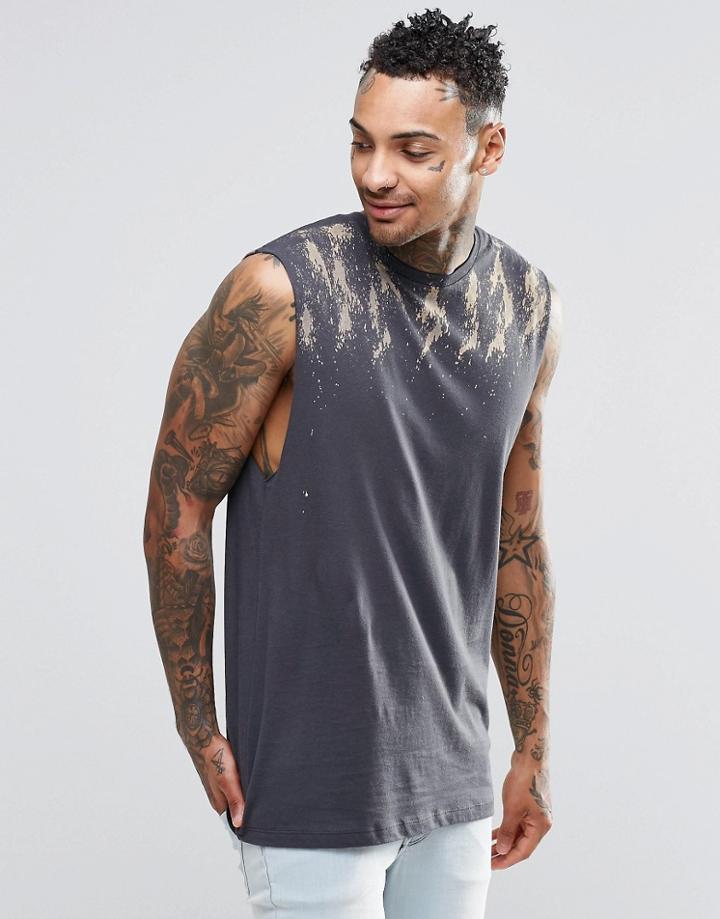 Asos Longline Sleeveless T-shirt With Bleach Spatter - Washed Black