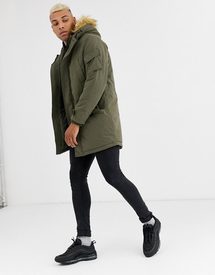 Bershka Parka With Fleece Lined Hood And Detachable Fur In Khaki-green