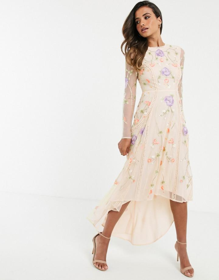 Asos Design Midi Dress With Dipped Hem In Occasion Floral Embroidery And Lace Inserts-multi