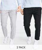 Topman Recycled Fabric 2 Pack Smart Pants With Elasticated Waistband In Black And Gray-multi