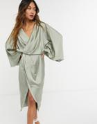 Asos Design Blouson Sleeve Satin Shirt Dress With Open Back In Olive-green