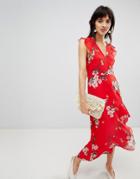 Warehouse Midi Dress With Ruffle Detail In Floral Print - Red